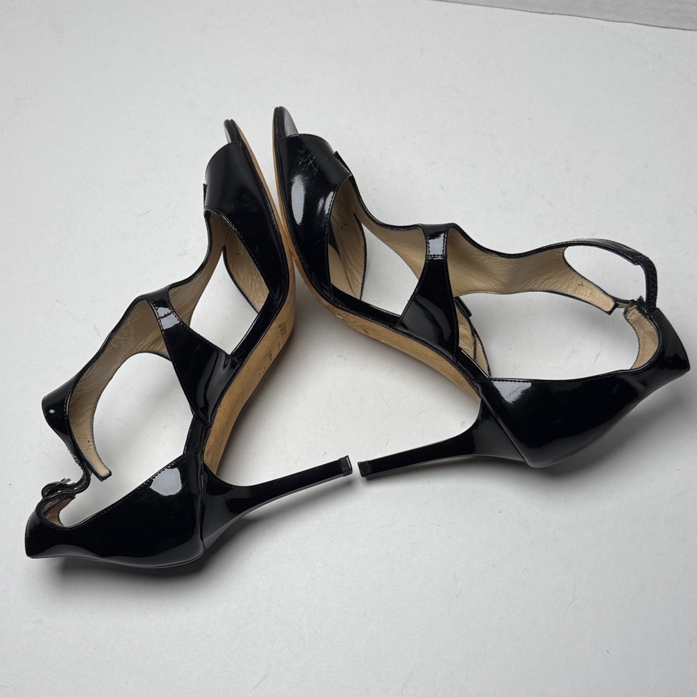 JIMMY CHOO Lotus Glossy Black Patent Leather Cut Out Strappy 3" Heels Size 36 - Picture 4 of 15